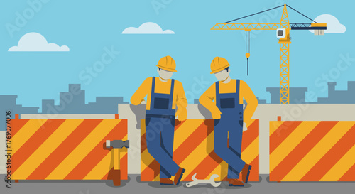 Two construction workers in safety gear are taking a break at a bustling urban building site, with a large crane and city skyline visible in the background.