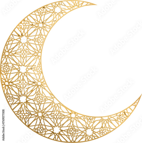Golden crescent moon with intricate geometric patterns on a dark background design