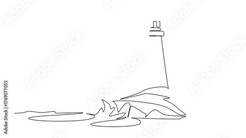 Animation of continuous one line drawing lighthouse on reef. Navigation aid for ships at night. Adventure. The beacon National Maritime Day. Single line self drawing animated. Full length motion