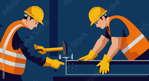 Two dedicated construction workers, wearing essential safety equipment, are actively engaged in building a structure, showcasing industrial cooperation.