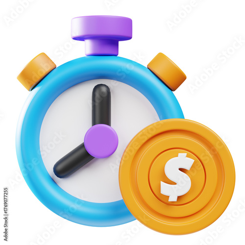 3D Rendered Timer Clock with Dollar Coin Illustration Concept