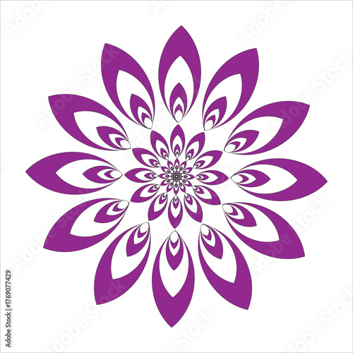 This is a radial graphic design of a purple flower. It features multiple layers of petal-like shapes that create an optical illusion of depth. The design has a central core that expands outwards into 