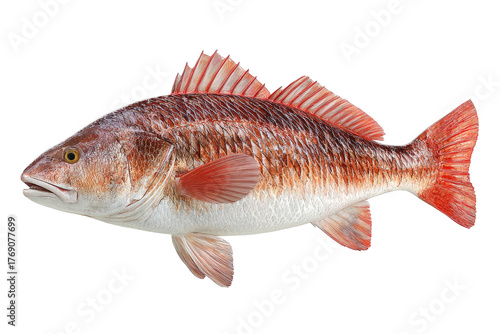 Red drum fish, side view, with red fins and stripes