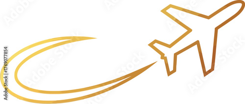 Golden airplane flies leaving a curved trail on a clean white background
