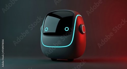 Glossy black robot with glowing blue eyes and curved smile standing in dark blue red gradient background with sleek futuristic design