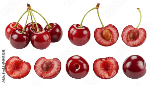 Collection of fresh red cherries, whole and halved, isolated on transparent background