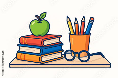 A teacher s desk with books glasses and a coffee cup