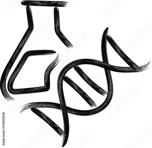 Handmade Black and White Biology Symbol Sketch with DNA Helix and Laboratory Flask