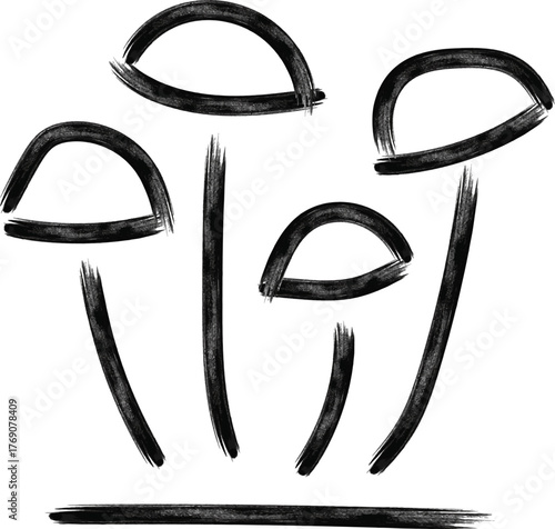 Handmade Black and White Mushroom Sketch with Expressive Brushstroke Style