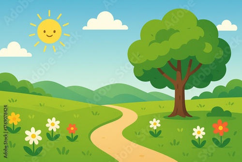 A sunlit pathway winds through a vibrant landscape scene