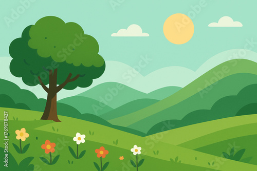 A peaceful green valley landscape with rolling hills and vibrant foliage