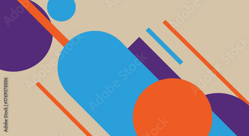 Abstract colorful geometric background with diagonal lines and shapes. Vibrant orange, blue, and purple circles on a beige backdrop.