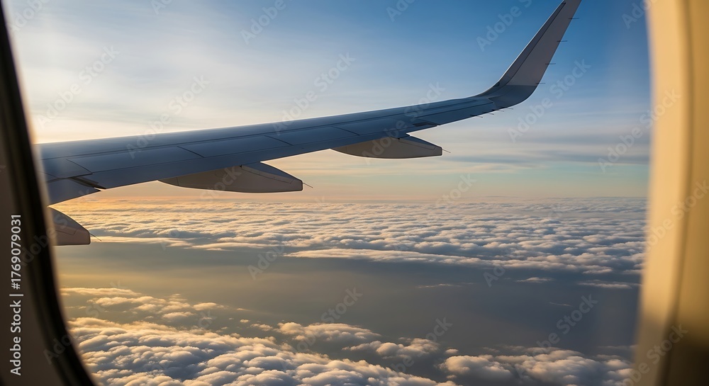 Obraz premium Airplane wing view from the window above the clouds at sunset.