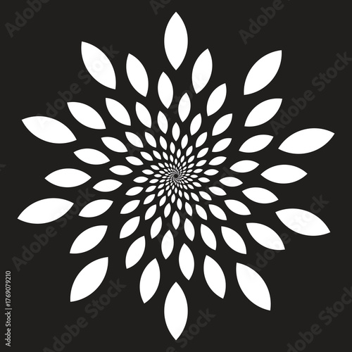 This is a mesmerizing black and white optical illusion. A central, tightly wound spiral of black and white patterns expands outwards into concentric rings of white leaf-like shapes. The overall effect