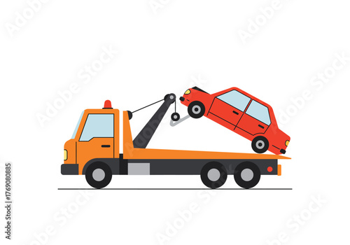 Orange tow truck transporting a red car flatbed style. Perfect for transportation service ads and automotive illustrations. Suitable for automotive industry presentations.