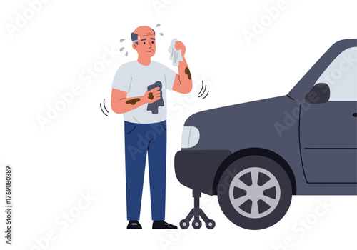 Stressed man fixing car on a jack. Perfect for automotive, mechanic, repair, frustration, emergency, insurance, breakdown, roadside assistance concepts.