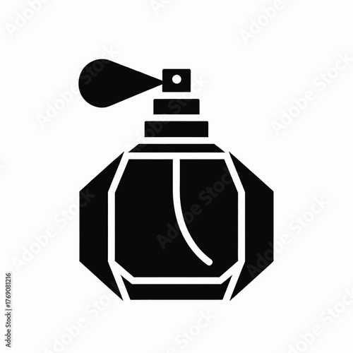 Black perfume bottle icon with spray nozzle cosmetic