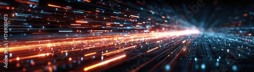 Bits of data in high speed transfer background concept. Dynamic light trails create a sense of speed and motion.