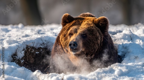 A brown bear emerging from a snowy den, its breath visible in the cold air.