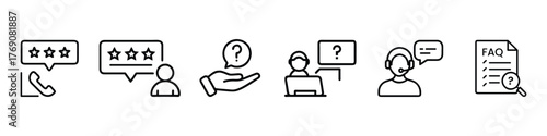 Customer support, FAQ, and feedback outline icon set – helpdesk, rating, question, call center, review, and service quality symbols