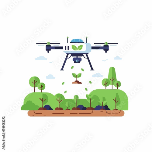 A drone sprays crops in a field, showcasing modern agricultural technology and precision farming.