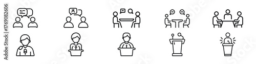 Public speaking outline icon set – Communication, meeting, conversation, discussion, group, presentation, and speech symbols