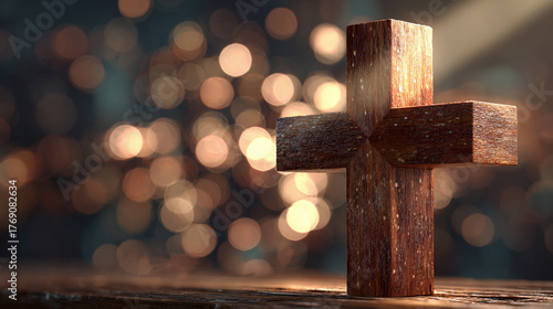 A simple yet profound wooden cross, radiating warmth and reverence. The cross stands as a symbol of faith and hope