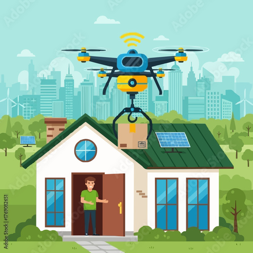 vector illustration of a drone delivering a box to recipient home