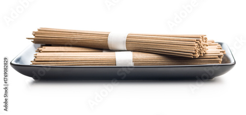 Buckwheat soba noodles isolated on white background.