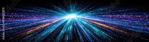 Bits of data in high speed transfer background concept. Abstract light rays converging, creating a sense of motion.