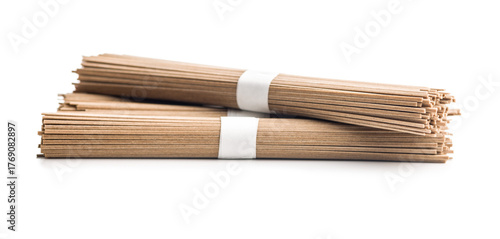 Buckwheat soba noodles isolated on white background.
