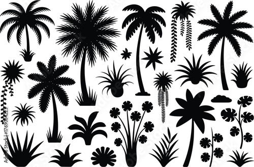 Collection of black palm tree and tropical plant silhouettes