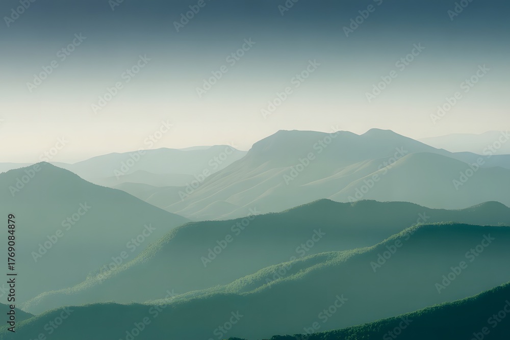 Obraz premium Misty mountain range with layers of soft green and blue hues creating a serene and atmospheric landscape evoking tranquility and natural beauty