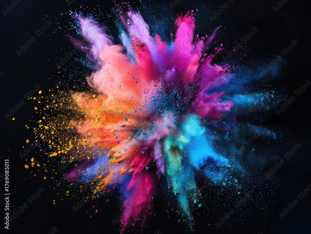 Fototapeta premium A vibrant explosion of colored powder creates a dynamic and colorful cloud against a black background. The colors include pink, blue, orange, and yellow.