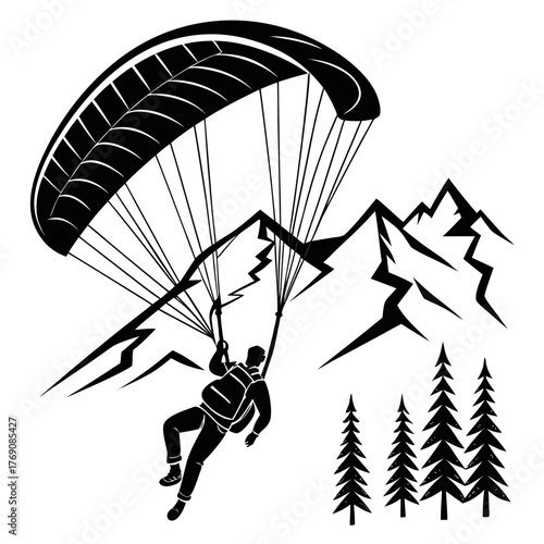 paraglider silhouette vector. Paragliding silhouette on a mountain landscape. Vector illustration of an extreme sport and adventure concept. Paraglider flying over a mountain range with pine trees.