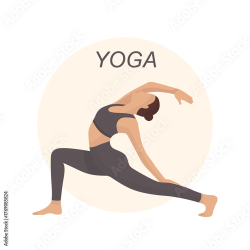 International yoga day girl practicing yoga in grey sport suit flat illustration