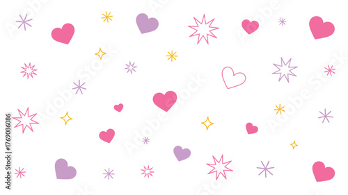 A pattern of pink hearts purple hearts and yellow and purple stars on a white background design element