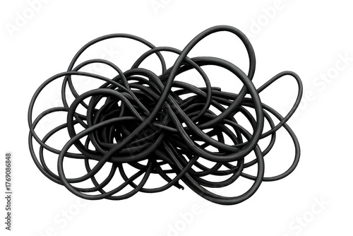 Tangling black wires creating a chaotic mess, symbolizing complexity, challenge, and disorganization with transparent background
