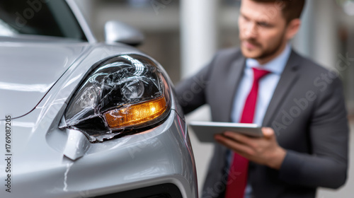 Serious insurance agent inspects car damage after an accident. focused man uses tablet to prepare detailed repair estimate for claim