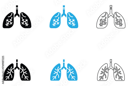 human lungs vector icon set, internal organ lung symbol silhouette and line art vector illustration 