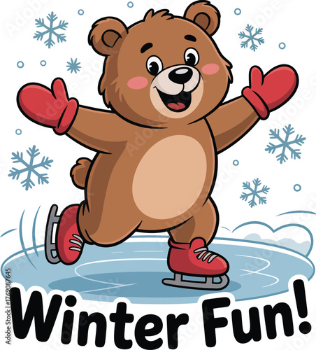 Delightful cartoon bear happily ice skating, a playful vector sticker for winter fun
