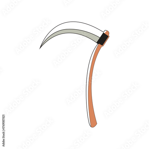 Simple vector illustration of a curved blade harvesting tool with a long handle, essential gardening equipment for agricultural tasks and farm work