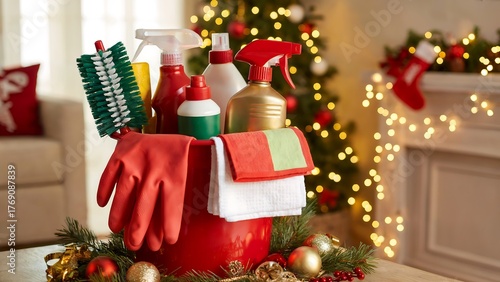 Festive Christmas Cleaning Supplies in Red Container with Gloves, Detergents and Cloths in Front of Decorated Tree and Fireplace in Cozy Holiday Setting