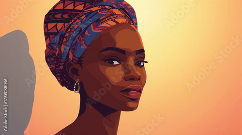 Modern Flat Style Portrait of African Woman Colorful Headwrap and Soft Gradient Background, Ai Generate 