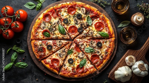 Top View Multi-topping Pizza Food Photography - Italian Catering Material