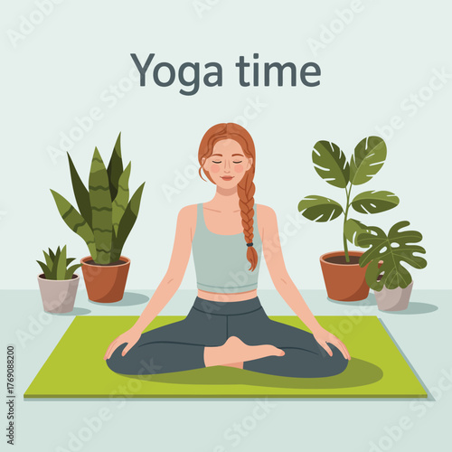 A woman practicing yoga in a minimalist setting with potted plants