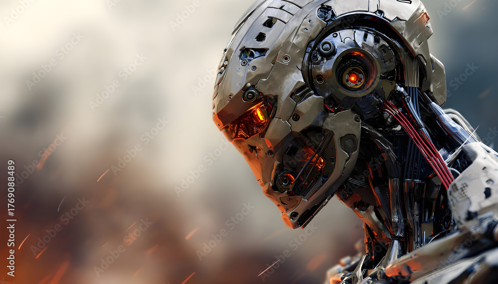 Fototapeta premium Futuristic silver robot head shows glowing orange eyes, intricate design, exposed wires, powerful armor. Machine stands in rugged blurred background