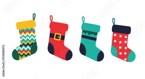 Four cheerful Christmas stockings featuring unique holiday designs and vibrant colors, ready to be filled with presents.
