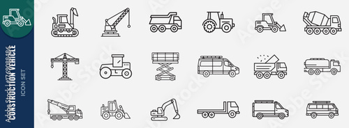 Line art Construction vehicle icon set. Line art icon of truck, crane, loader, excavator, bulldozer illustration. icons symbolize modern engineering and industrial work.