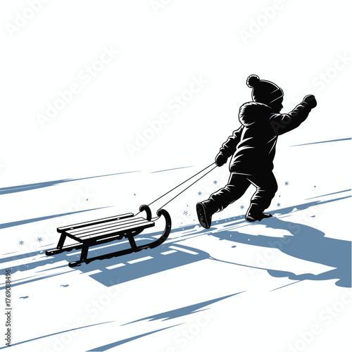 A striking vector art illustration of a child pulling a wooden sled in snow